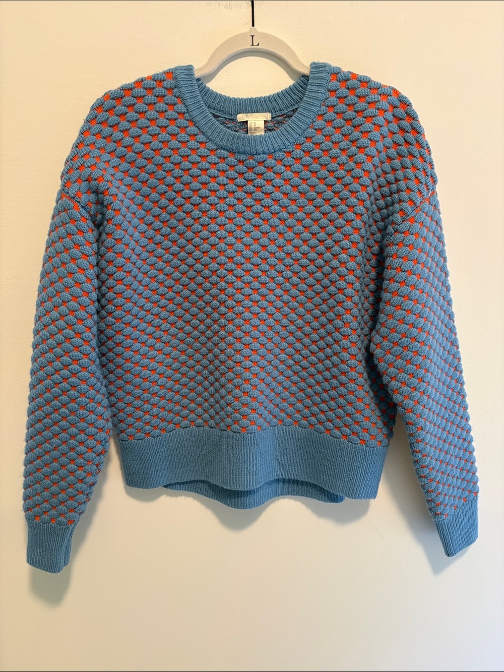 H&M Blue and Coral Textured Crewneck Sweater